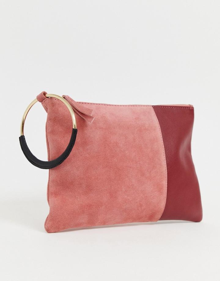 Asos Design Suede And Leather Mix Color Block Zip Top Clutch Bag-pink