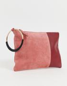 Asos Design Suede And Leather Mix Color Block Zip Top Clutch Bag-pink