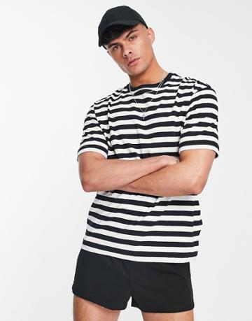 Selected Homme Cotton Oversized Heavyweight T-shirt In Black & White Stripe - Black