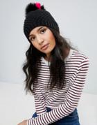 Boardmans Knitted Beanie Hat With Contrast Stripe Pom Pom - Black