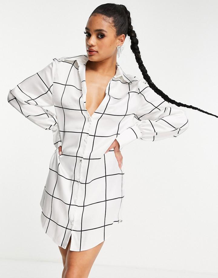 Asos Design Slouchy Satin Shirt Mini Dress In Mono Check-multi