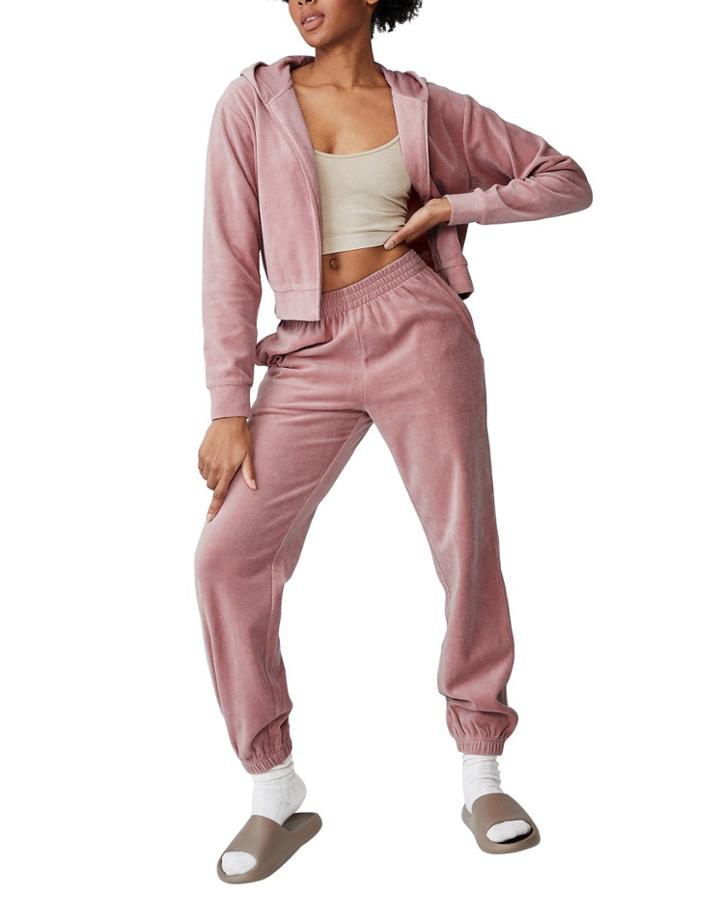 Cotton: On Velour Zip Up Hoodie In Pink