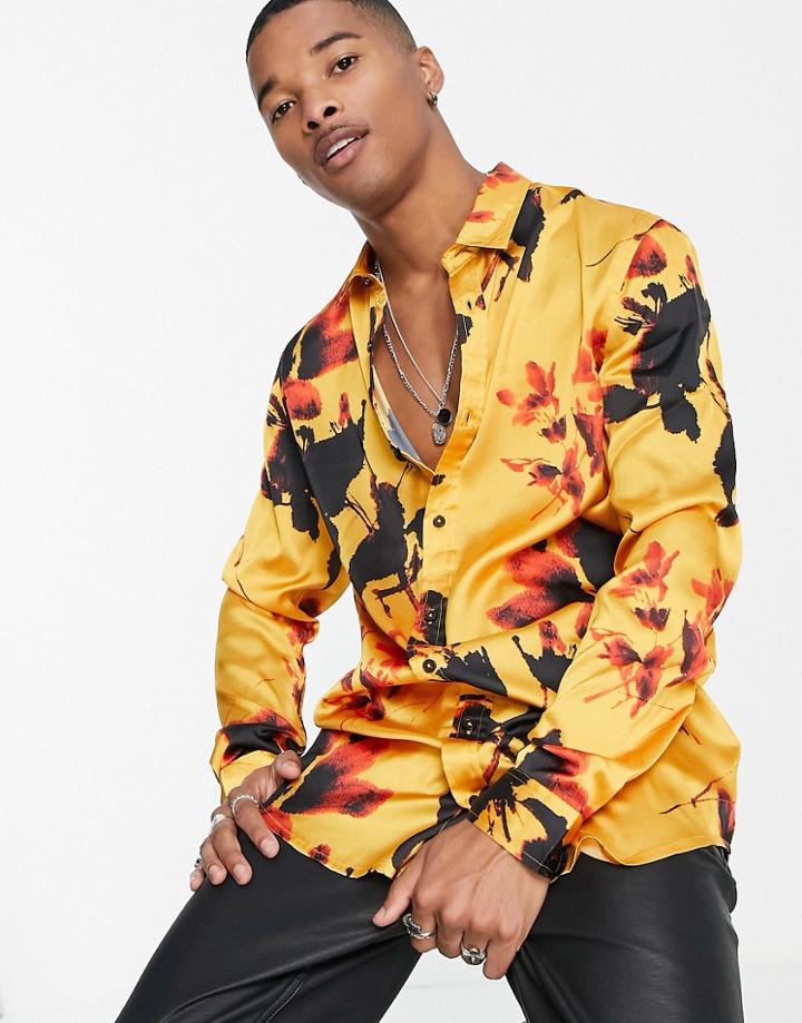 Asos Design Longline Shirt In Satin Floral Print-yellow