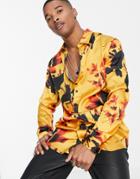 Asos Design Longline Shirt In Satin Floral Print-yellow