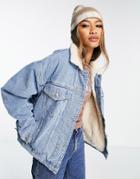 Topshop Oversized Sherpa Recycled Cotton Blend Denim Jacket In Bleach-blues