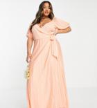 Asos Design Curve Polyester Puff Sleeve Gathered Front Maxi Dress In Apricot - Orange