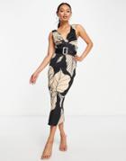 Asos Design Printed V-front Midi Dress In Leaf Print-multi