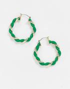Asos Design Twist Hoop Earrings With Green In Gold Tone
