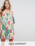Asos Maternity Tropical Print Off Shoulder Sundress With Ruffle Detail - Multi