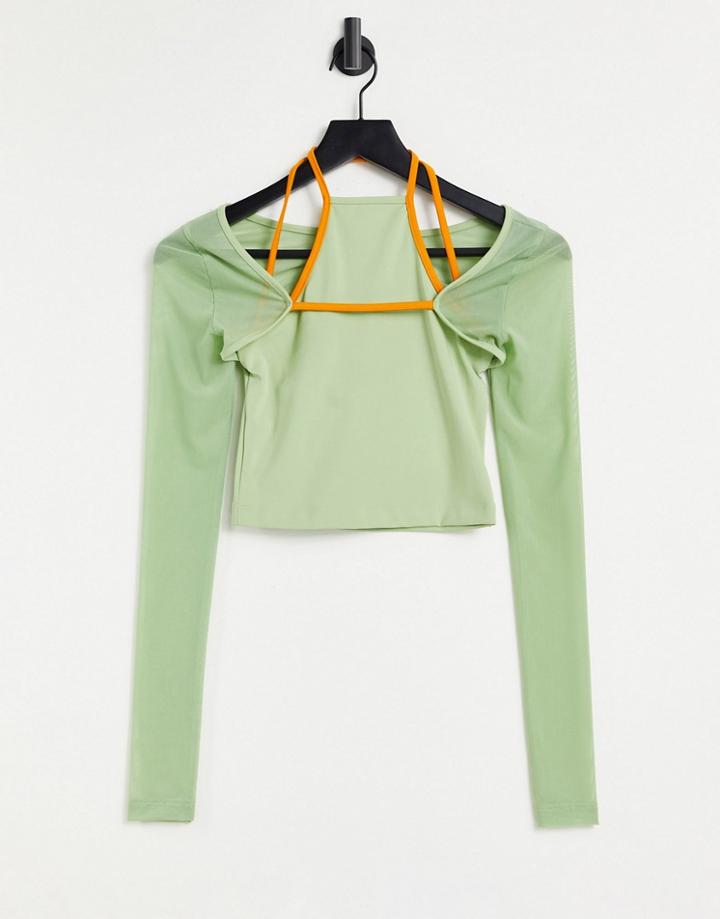 Asos 4505 Yoga Long Sleeve Top With Cut Out And Strapping Detail-green
