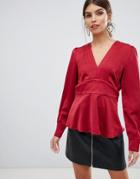 Y.a.s V Neck Blouse With Pleat Detail - Red