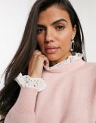 River Island Sweater With Broderie Collar And Cuffs In Pink