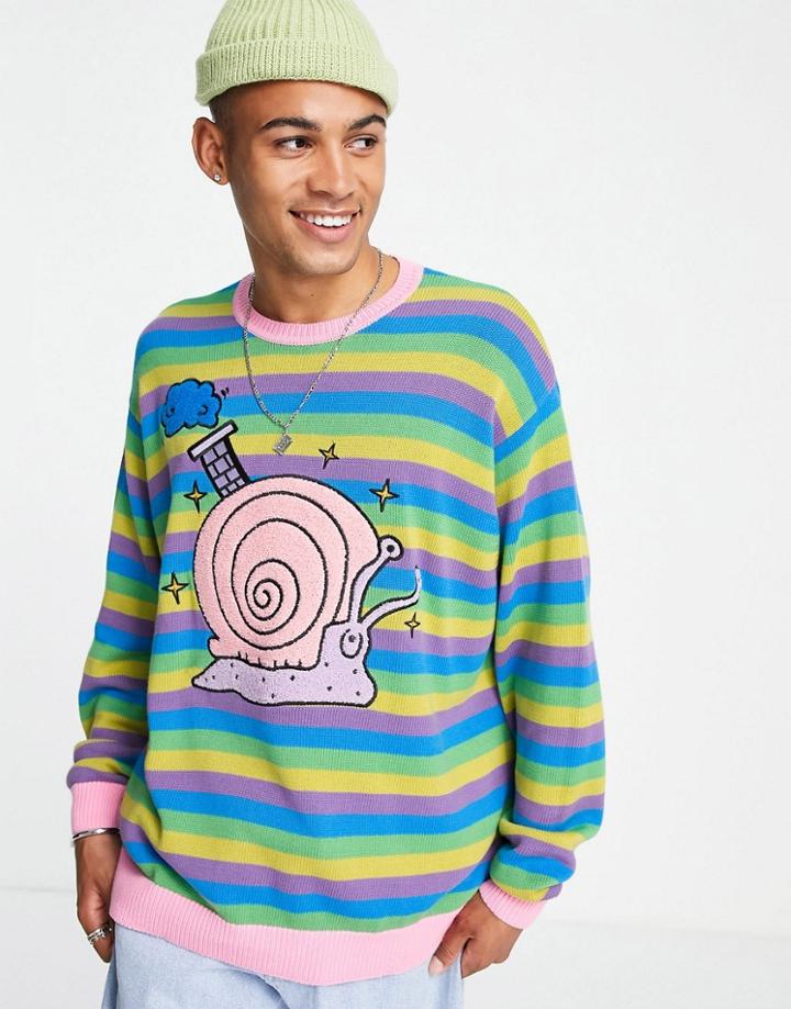 Asos Design Oversized Stripe Sweater With Snail Applique-multi