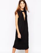 Ganni Midi Dress In Texture With Deep Plunge - Black