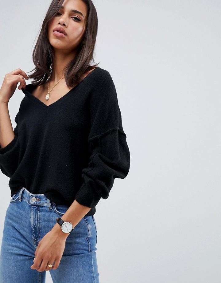 Asos Design Fluffy Sweater With V Neck-black