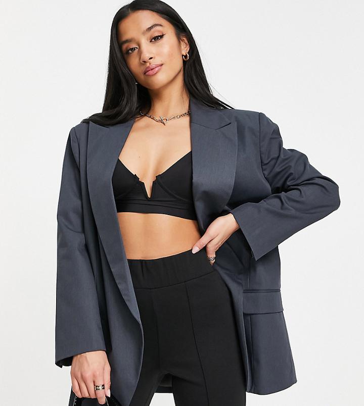 Asos Design Petite Double Breasted Low Break Dad Blazer In Gray-navy
