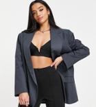 Asos Design Petite Double Breasted Low Break Dad Blazer In Gray-navy