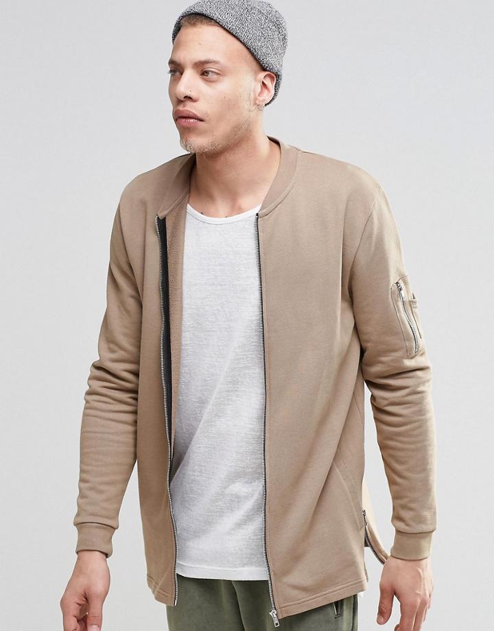 Asos Longline Jersey Ma1 Bomber Jacket With Side Zips In Beige - Sand Dune