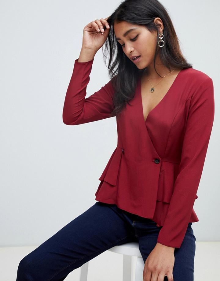 Asos Design Long Sleeve Tux Top With Button Detail-white