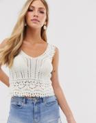 Mango V Neck Knitted Top In Off White - White
