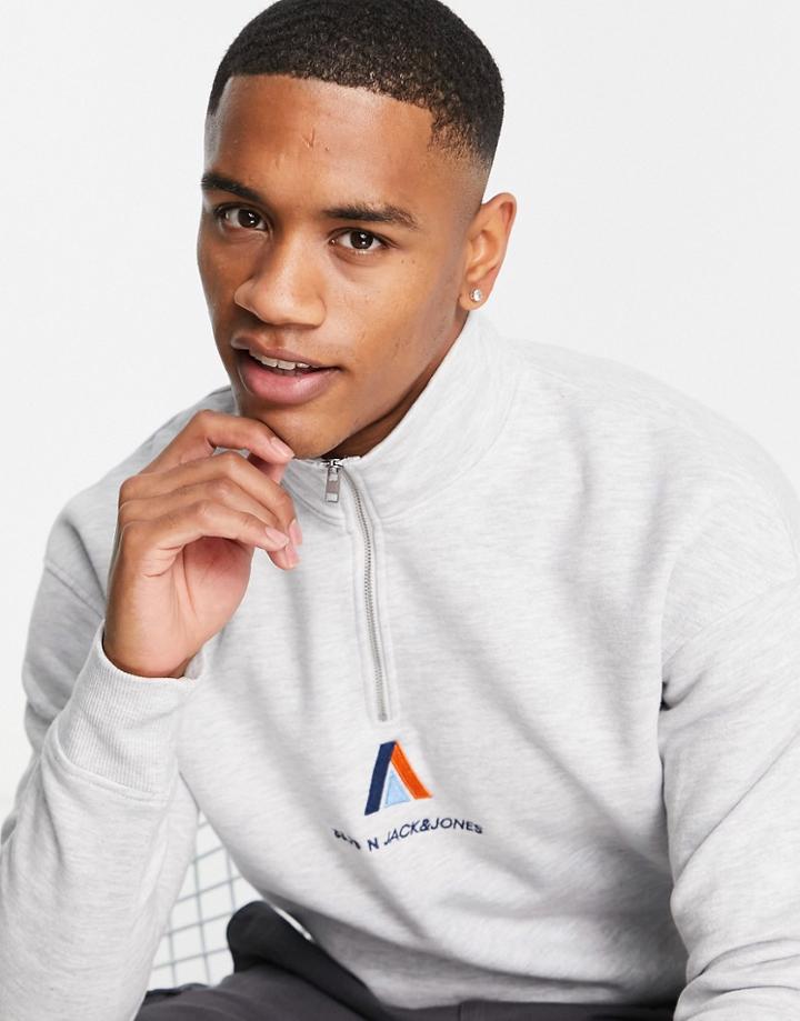 Jack & Jones Originals Oversized 1/4 Zip Sweatshirt With Retro Logo In Gray Heather-grey