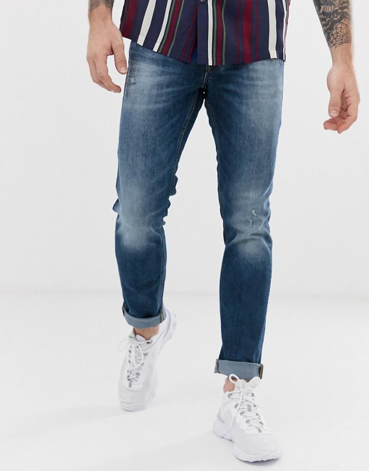 Jack & Jones Intelligence Slim Fit Abrasion Jeans In Mid Wash-blue