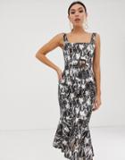 Asos Design Midi Dress With Pep Hem And Belt Detail In Snake Print - Multi