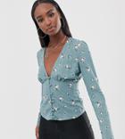 Fashion Union Tall Button Front Blouse In Ditsy Floral - Green