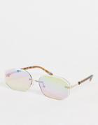 Asos Design Rimless 90s Hexagon Sunglasses In Gold With Mirrored Lens