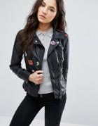 Only Faux Leather Jacket With Badge Detail - Black