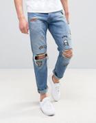 Jack & Jones Intelligence Straight Fit Jeans In Light Blue Wash With Patches - Blue