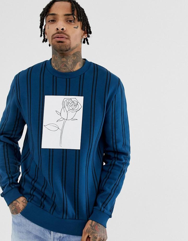 Asos Design Sweatshirt In Verticle Stripe With Rose Print - Green