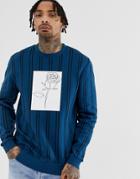 Asos Design Sweatshirt In Verticle Stripe With Rose Print - Green
