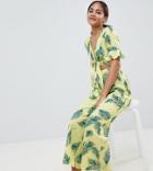 Asos Design Tall Jumpsuit With Cut Out And Tie Detail In Linen Leaf Print - Multi