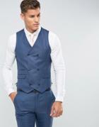 Asos Wedding Slim Suit Vest In Navy Silk Linen Mix - Navy