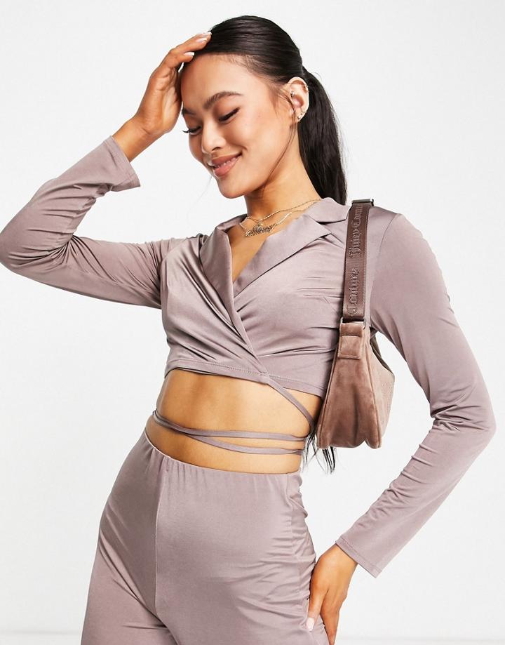 Asos Design 00s Jersey Wrap Suit Satin Blazer In Mocha-brown