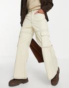 Asos Design Ultra Flare Cargo Pants In Beige With Contrast Stitch-neutral