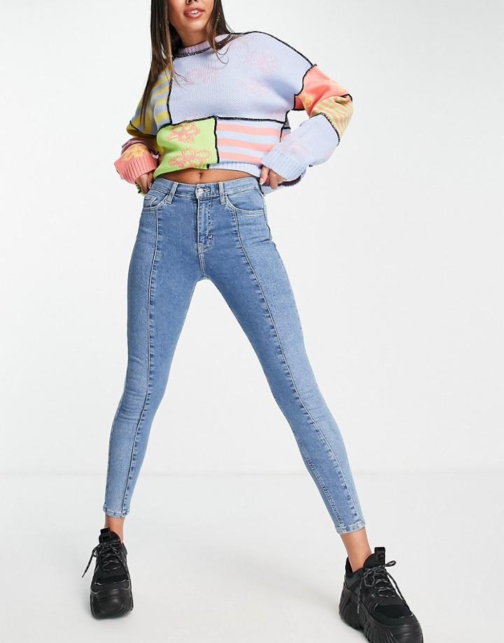 Topshop Paneled Jamie Jeans In Mid Blue-blues