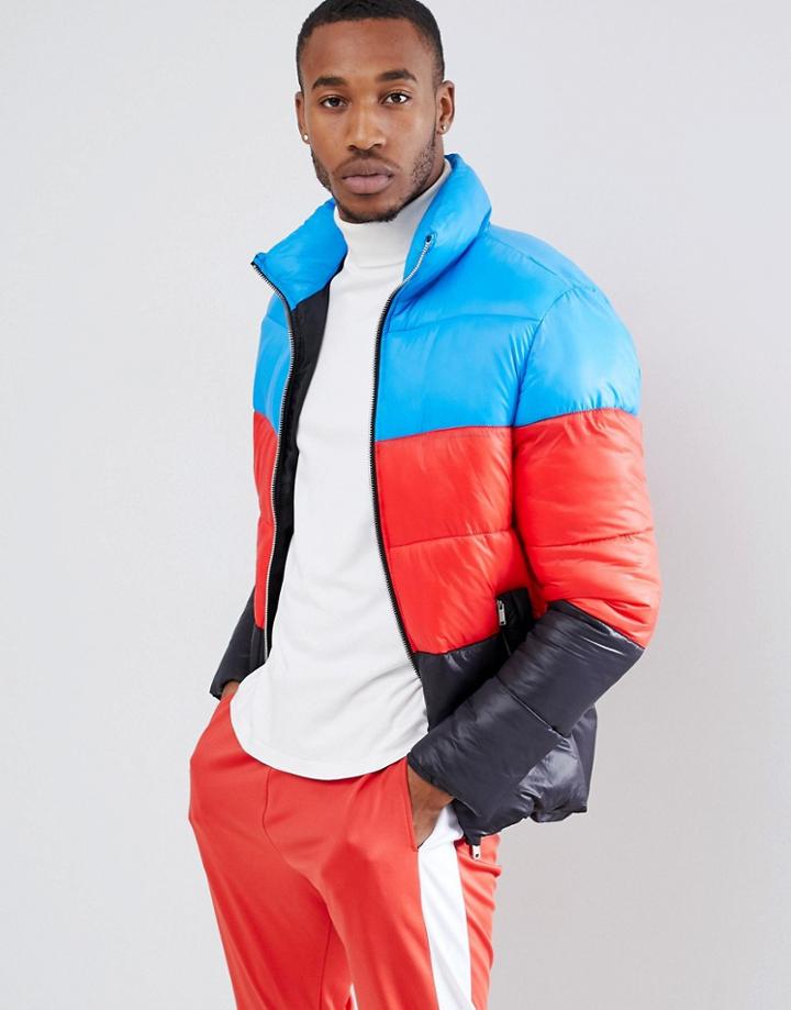 Boohooman Color Block Puffer Jacket In Multi - Multi