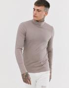 Asos Design Muscle Fit Long Sleeve Roll Neck T-shirt In Rib In Beige