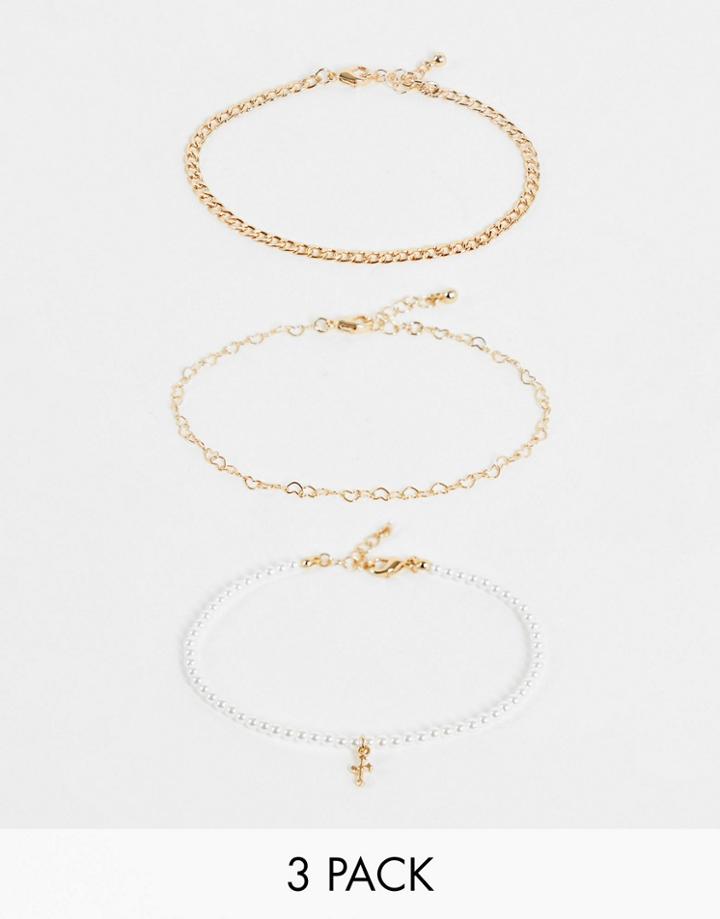 Asos Design 3-pack Anklets In Mixed Pearl And Heart Chain With Cross Charm-gold