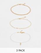 Asos Design 3-pack Anklets In Mixed Pearl And Heart Chain With Cross Charm-gold