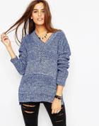 Asos Chunky Tunic Sweater With V Neck In Denim Twist Yarn - Denim Blue Twist