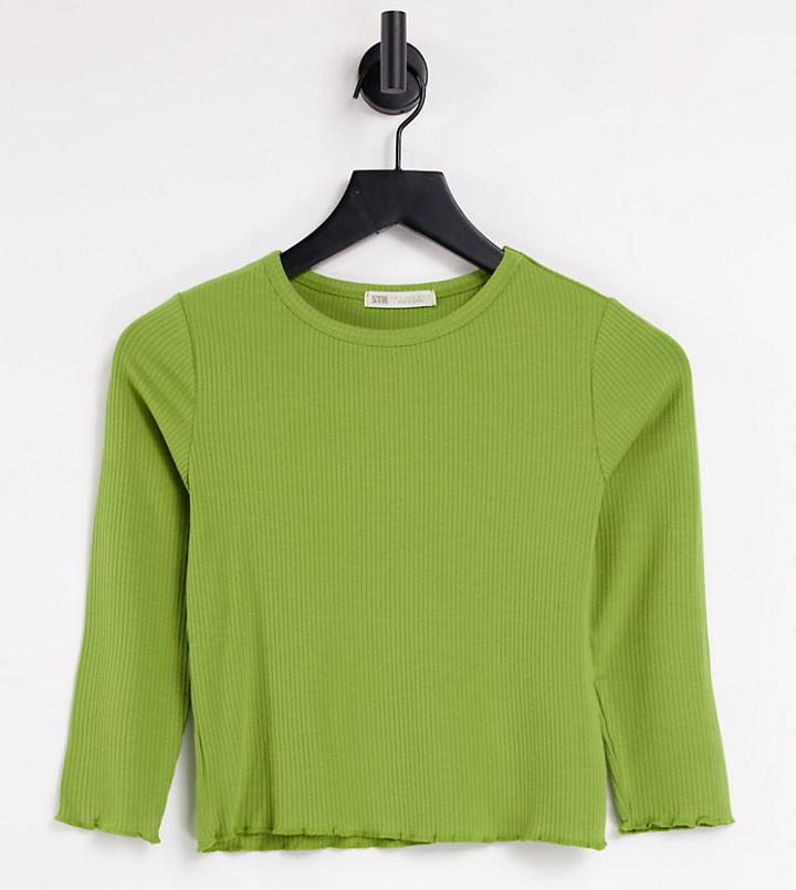 Stradivarius Long Sleeve Lettuce Edge Top In Olive Green