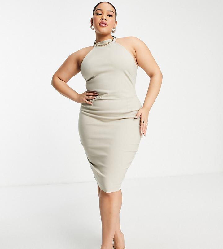 Vesper Plus High Neck Midi Dress In Ecru-white
