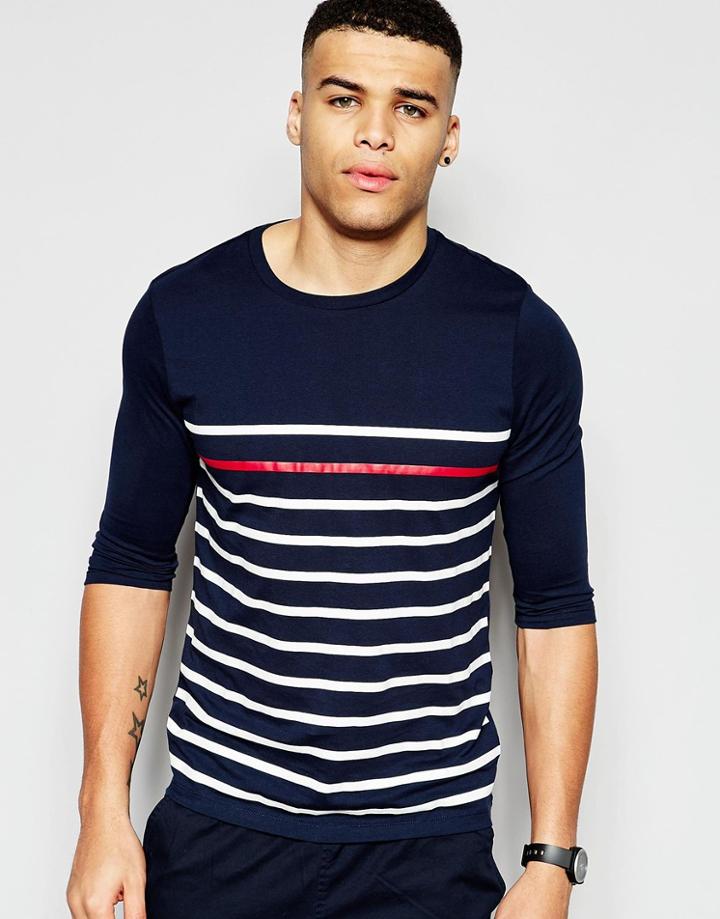 Asos 3/4 Sleeve T-shirt With Highlight Stripe - Navy