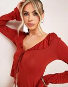 Asos Design Long Sleeve Tie Front Ruffle Top In Rust-brown