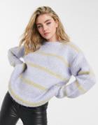 Asos Design Fluffy Oversize Sweater In Blue With Camel Stripe