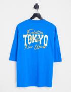 Asos Design Oversized T-shirt In Blue With Tokyo City Back Print