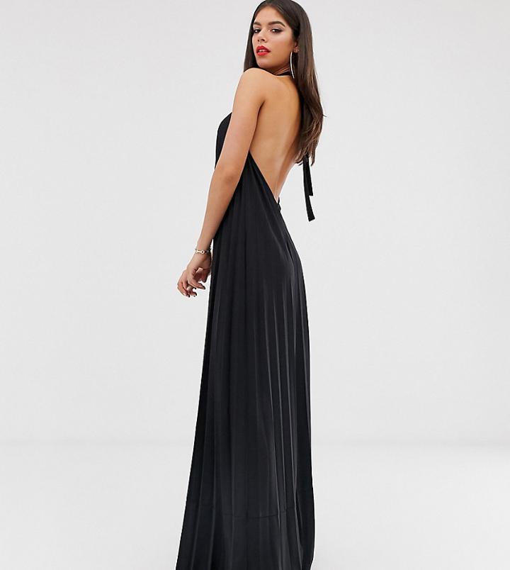 Asos Design Tall Backless Halter Pleated Maxi Dress-black